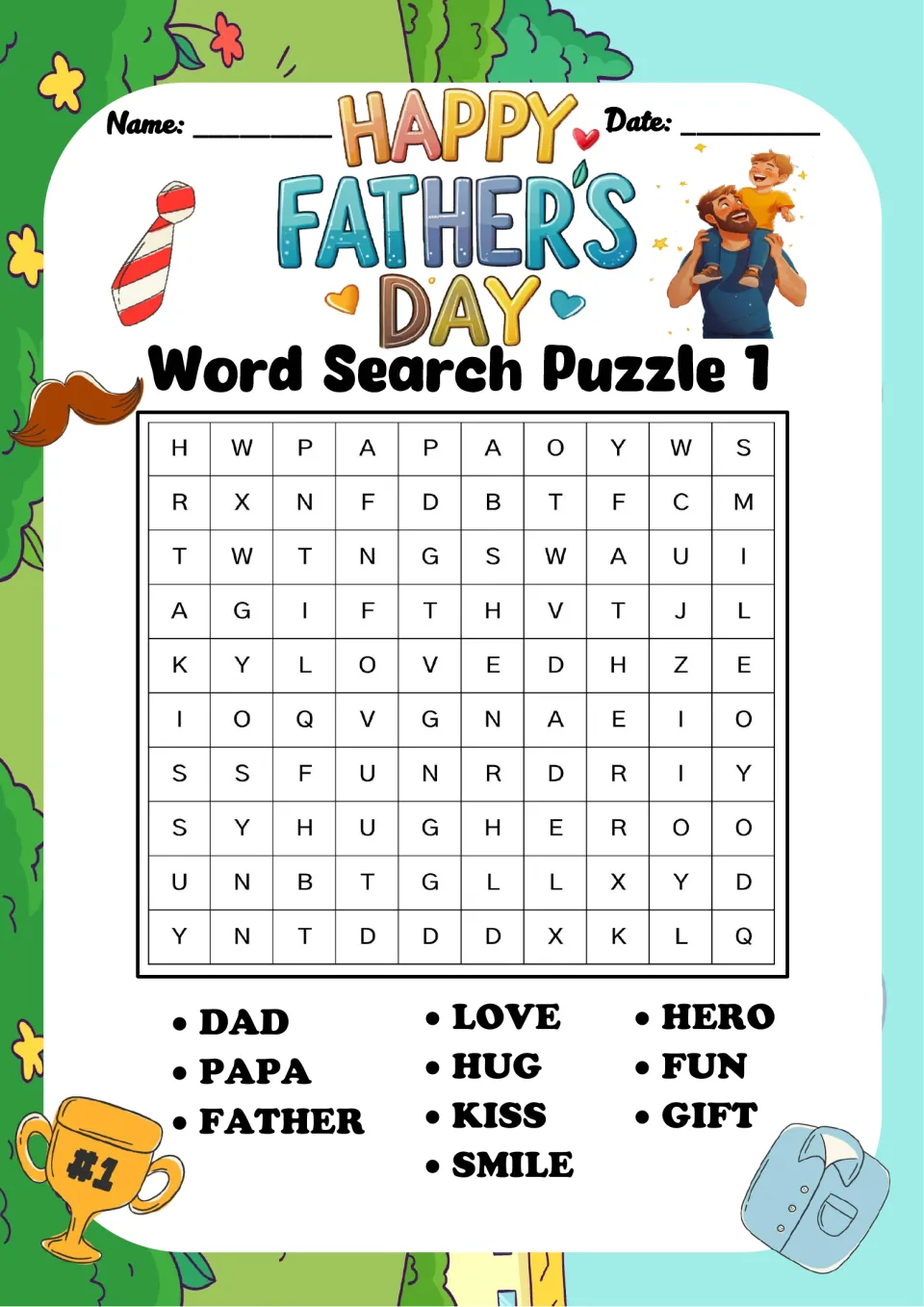 Father's Day word search puzzle 1: find dad, papa, father, love, hug, kiss, smile, hero, fun and gift.