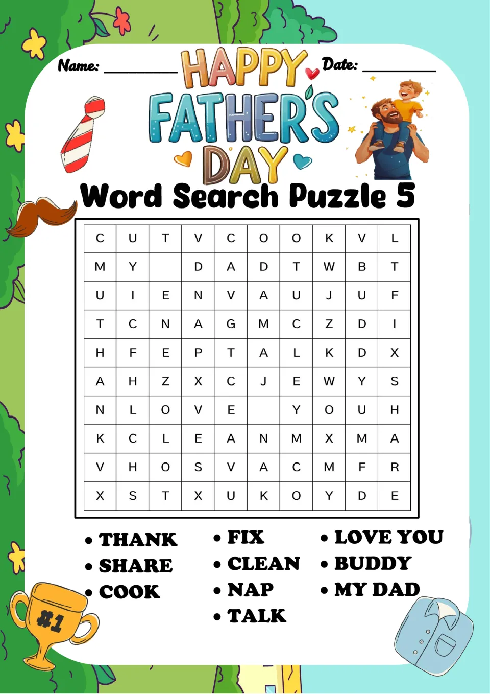 Father's Day word search puzzle 5: find thank, share, cook, fix, clean, nap, talk, love you, buddy and my dad.