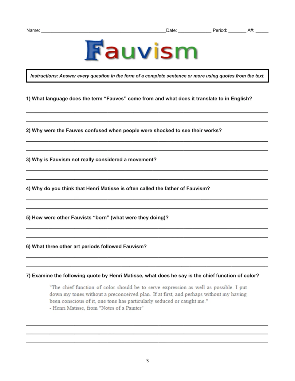 Seven comprehension questions cover Fauvism's name, origins, artists, and Matisse's view of color's purpose.