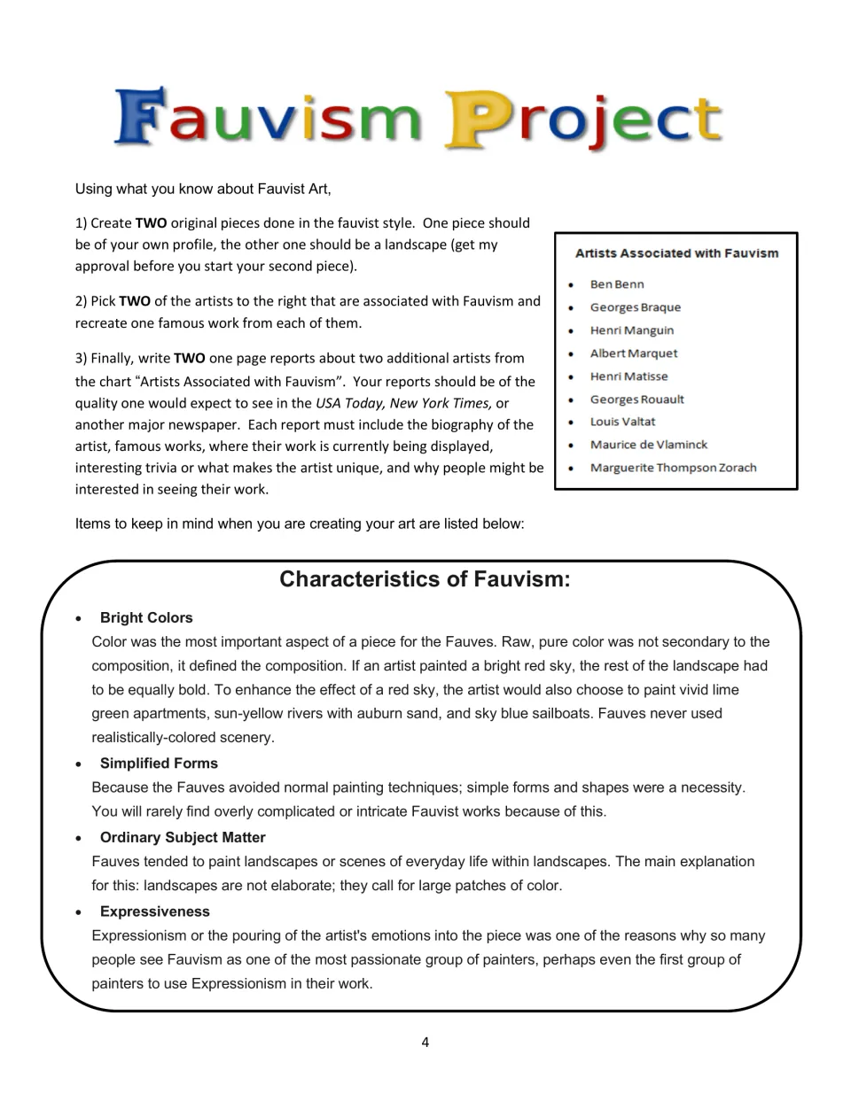 Art project directions assign two original Fauvist works, two artwork recreations, and two one-page artist reports.