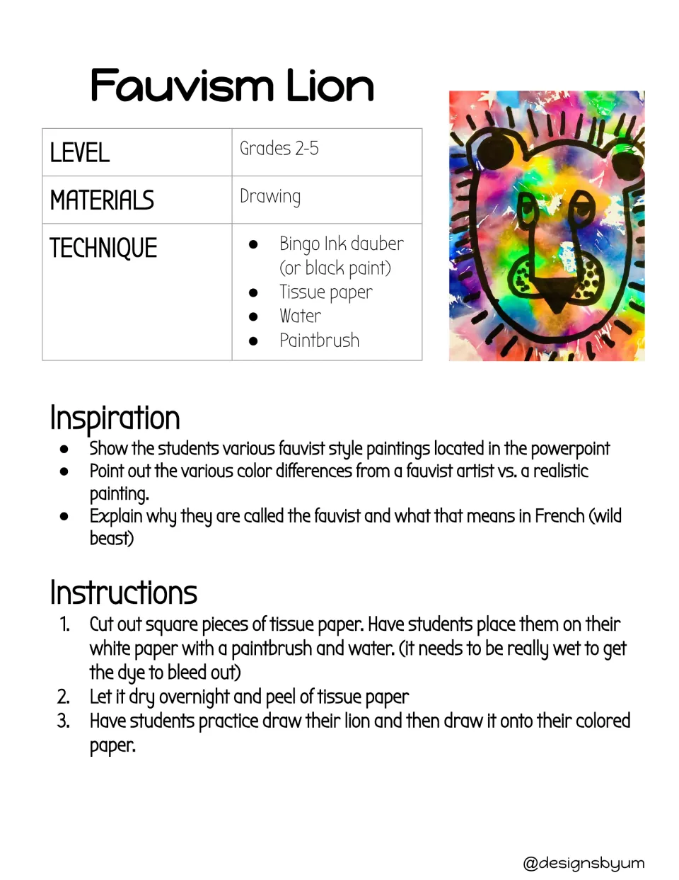 Art lesson directions for a lion drawing using tissue paper, water, and black ink, with Fauvist inspiration.