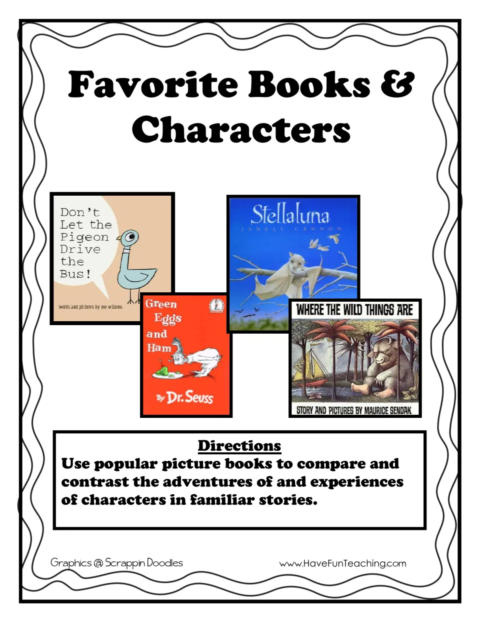 Favorite Books & Characters cover with 4 picture book covers and directions to compare and contrast characters' adventures