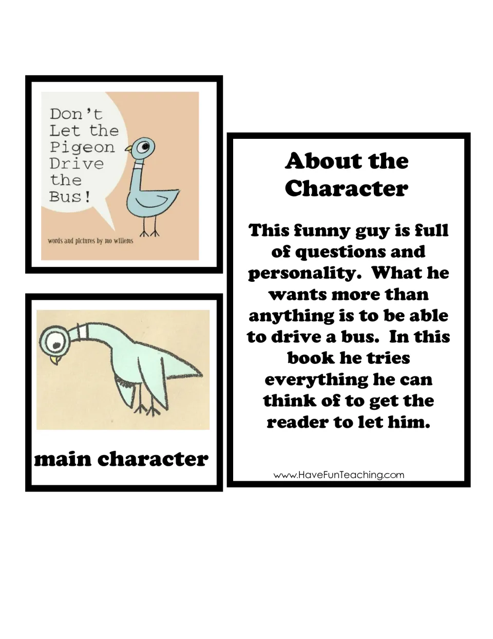 Don't Let the Pigeon Drive the Bus! card set: book cover, main character Pigeon picture and an About the Character summary