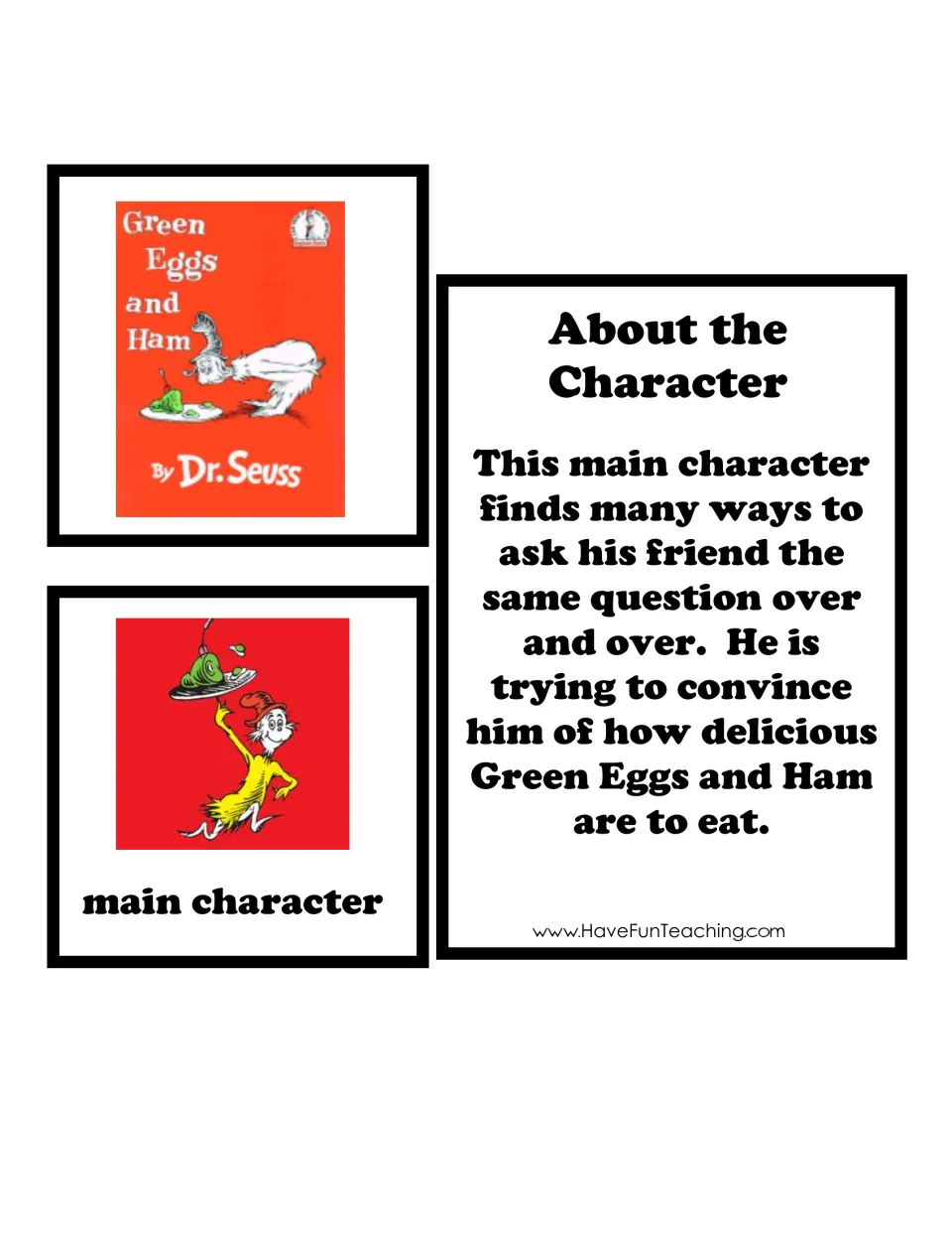 Green Eggs and Ham character cards: Dr. Seuss cover, main character picture and a summary of his repeated question