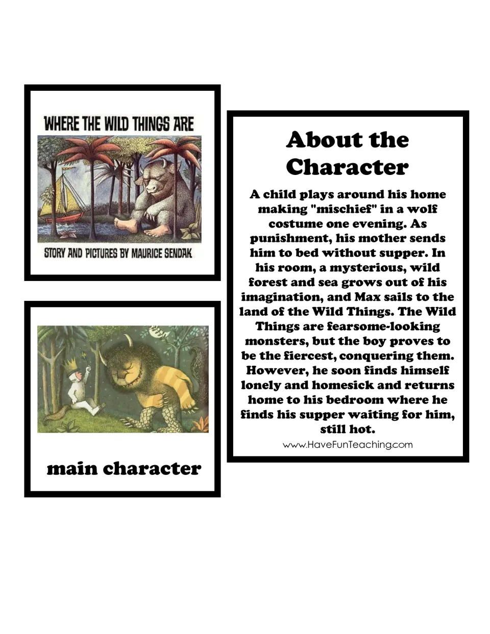 Where the Wild Things Are cards: Maurice Sendak cover, main character Max with a Wild Thing and a summary of Max's journey