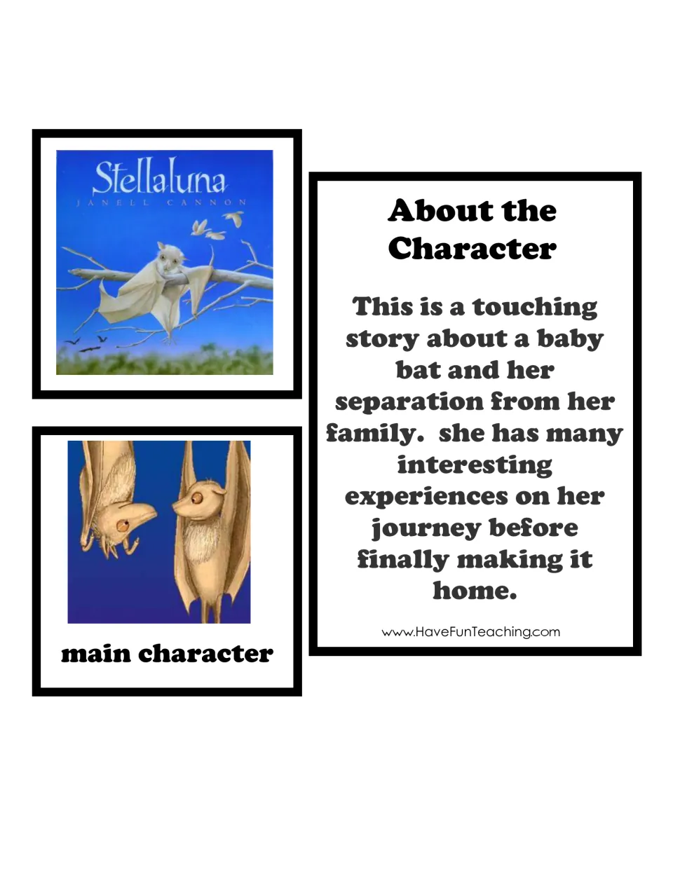 Stellaluna character cards: Janell Cannon cover, main character art and a summary of a baby bat separated from family