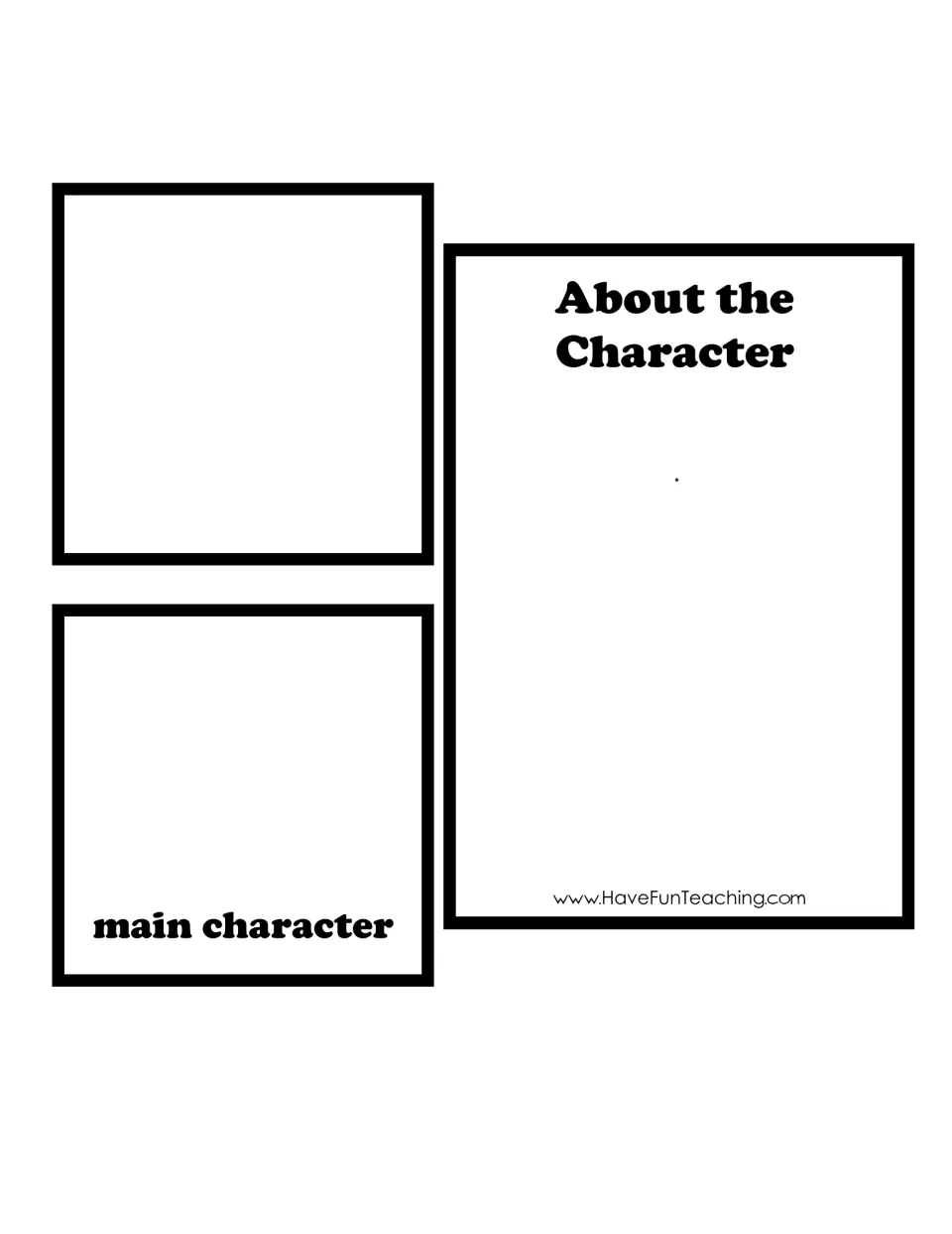 Blank About the Character template: spaces for a book cover, a main character picture and a written character summary