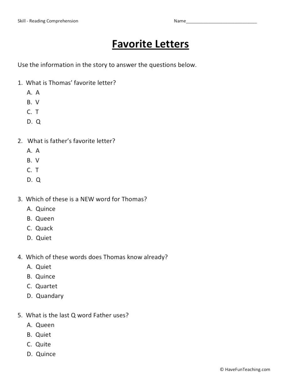 Five multiple-choice questions about Thomas' and his father's favorite letters and familiar Q words.
