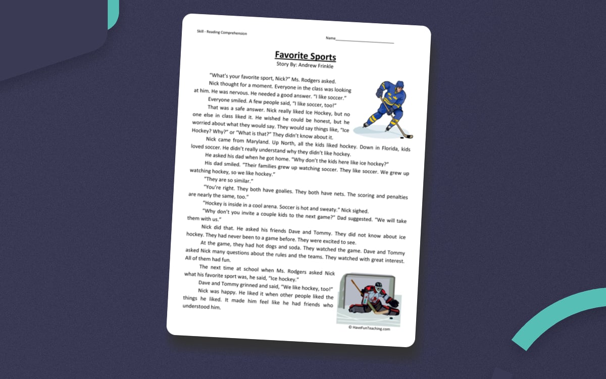 Favorite Sports - Reading Comprehension Worksheet preview: Short narrative with classroom dialogue