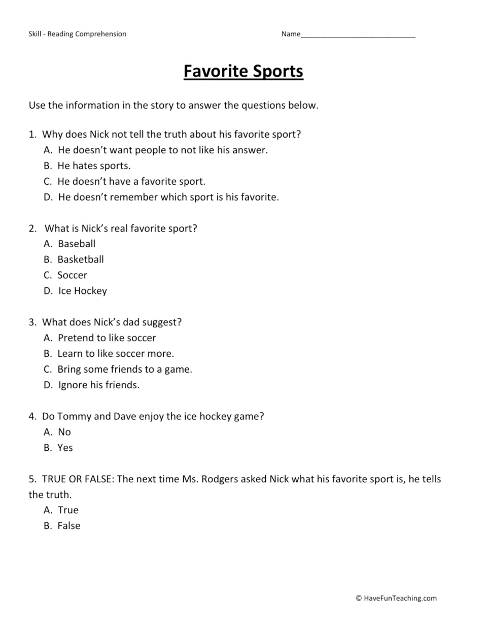 Comprehension questions: students answer five multiple-choice and true/false items about Nick, his dad and the hockey game