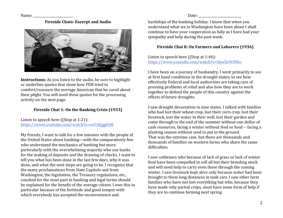 Fireside Chat 1 (banking, 1933) and 8 (farmers, 1936) excerpts: students listen and underline quotes where FDR reassures