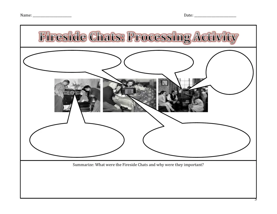 Fireside Chats processing: students fill speech bubbles on radio photos, then summarize why the chats mattered