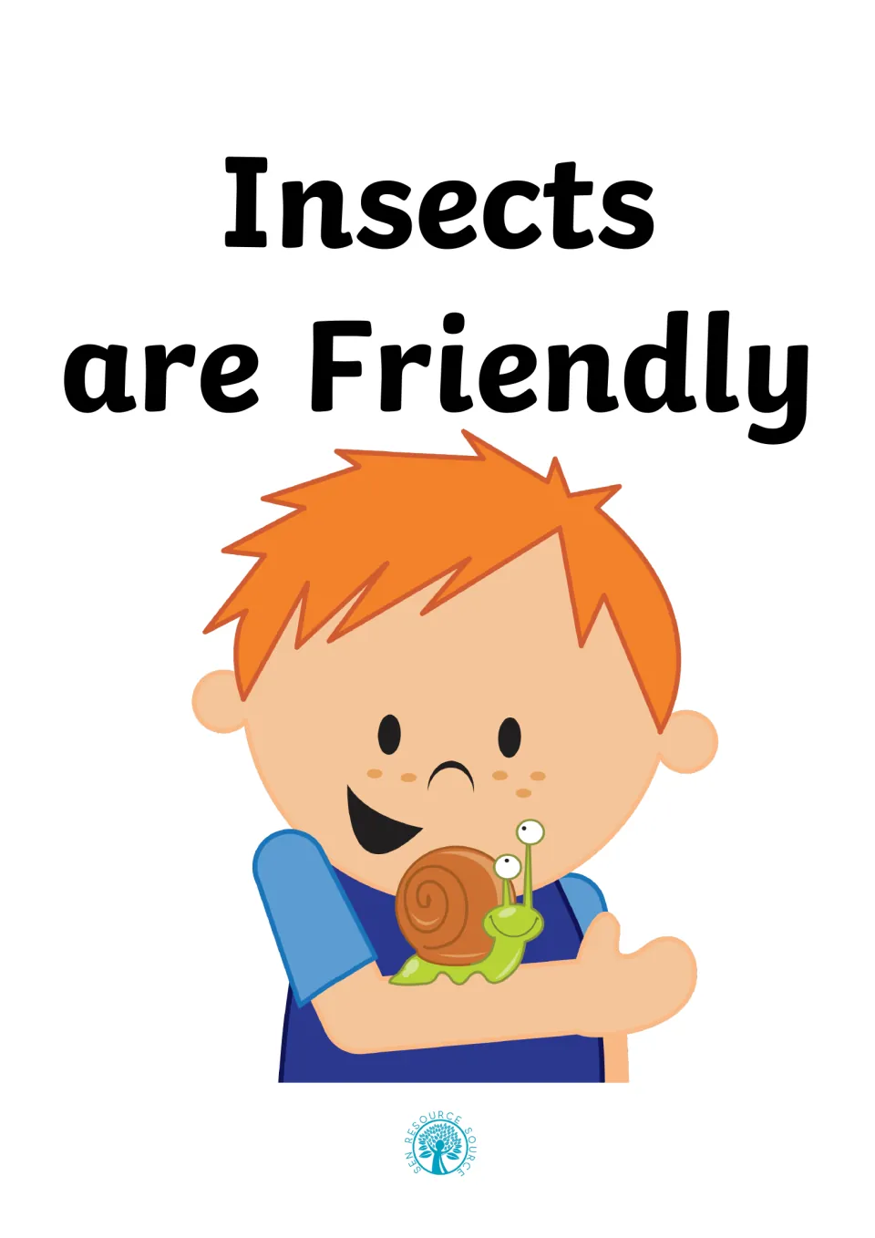 Insects are Friendly social story cover: a smiling boy with red hair holds a cartoon snail on his arm