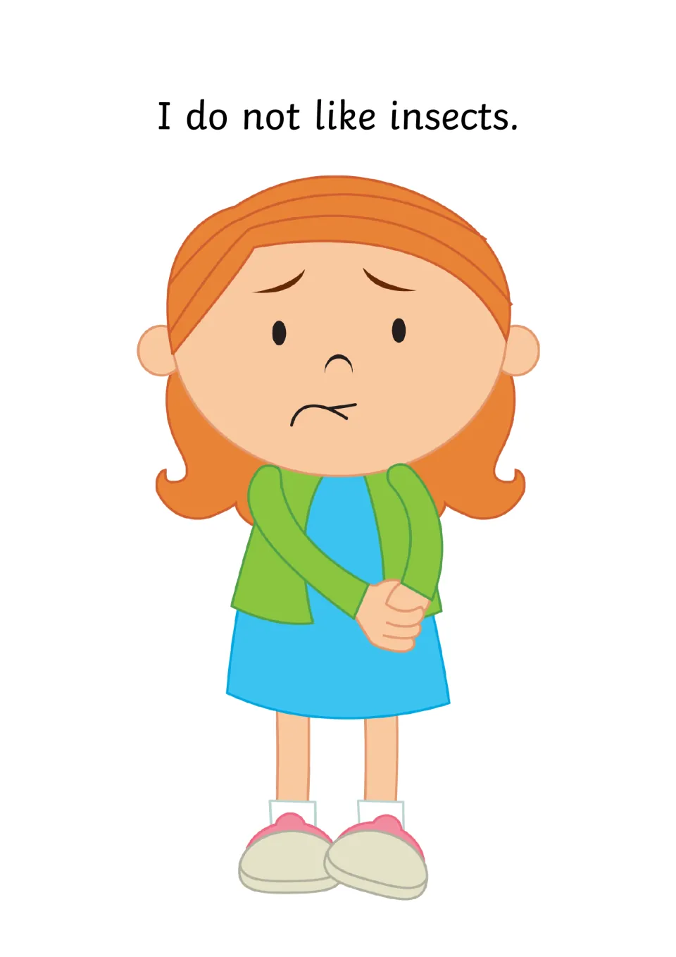 Social story page: a worried girl in a green cardigan says I do not like insects, naming the feeling of dislike
