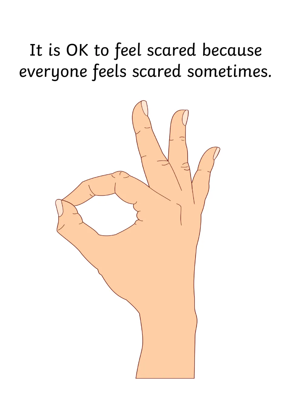 Social story page normalising fear: an OK hand sign with text saying everyone feels scared sometimes, so it is OK