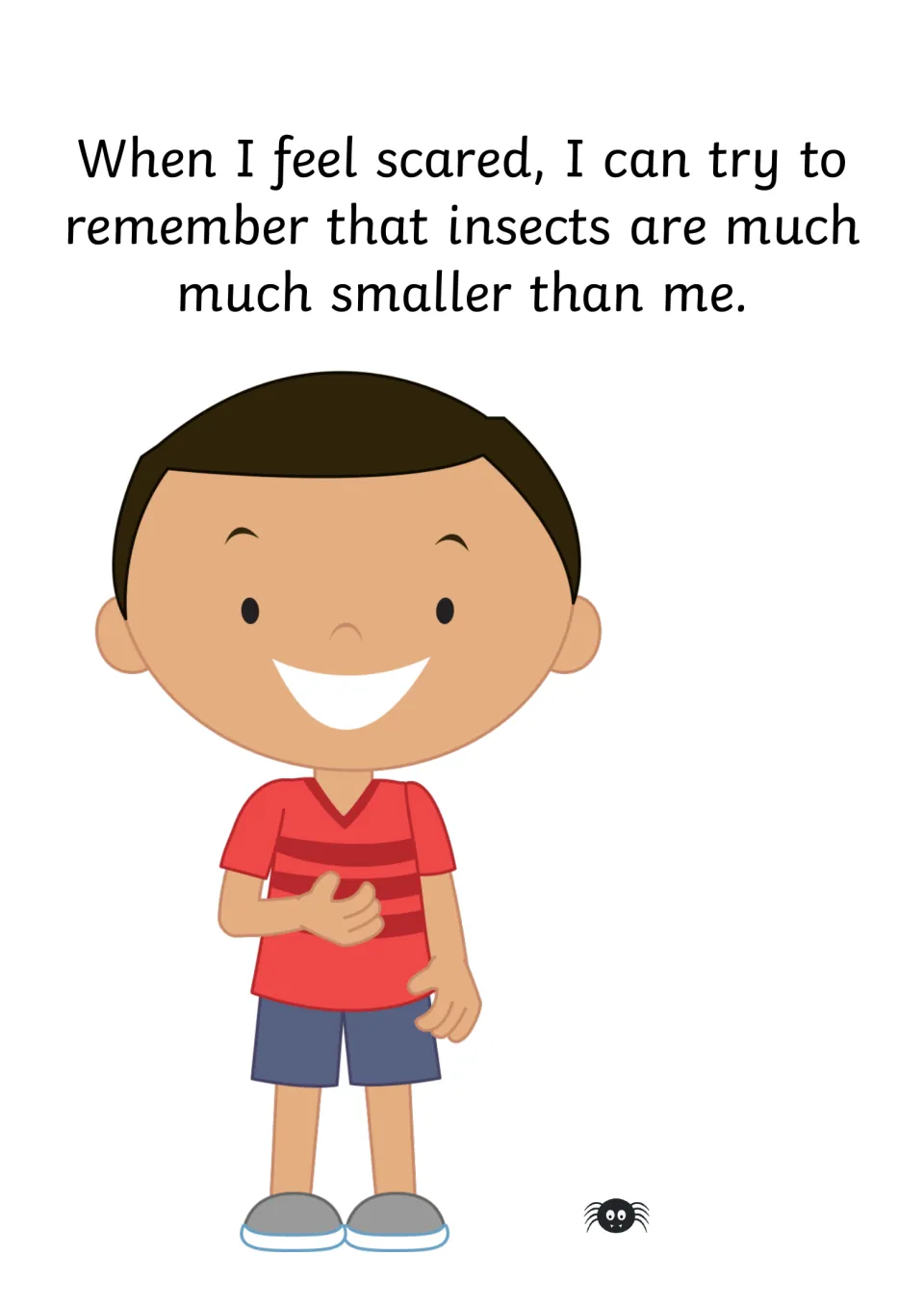 Coping strategy page: a smiling boy stands beside a tiny spider, remembering insects are much smaller than me