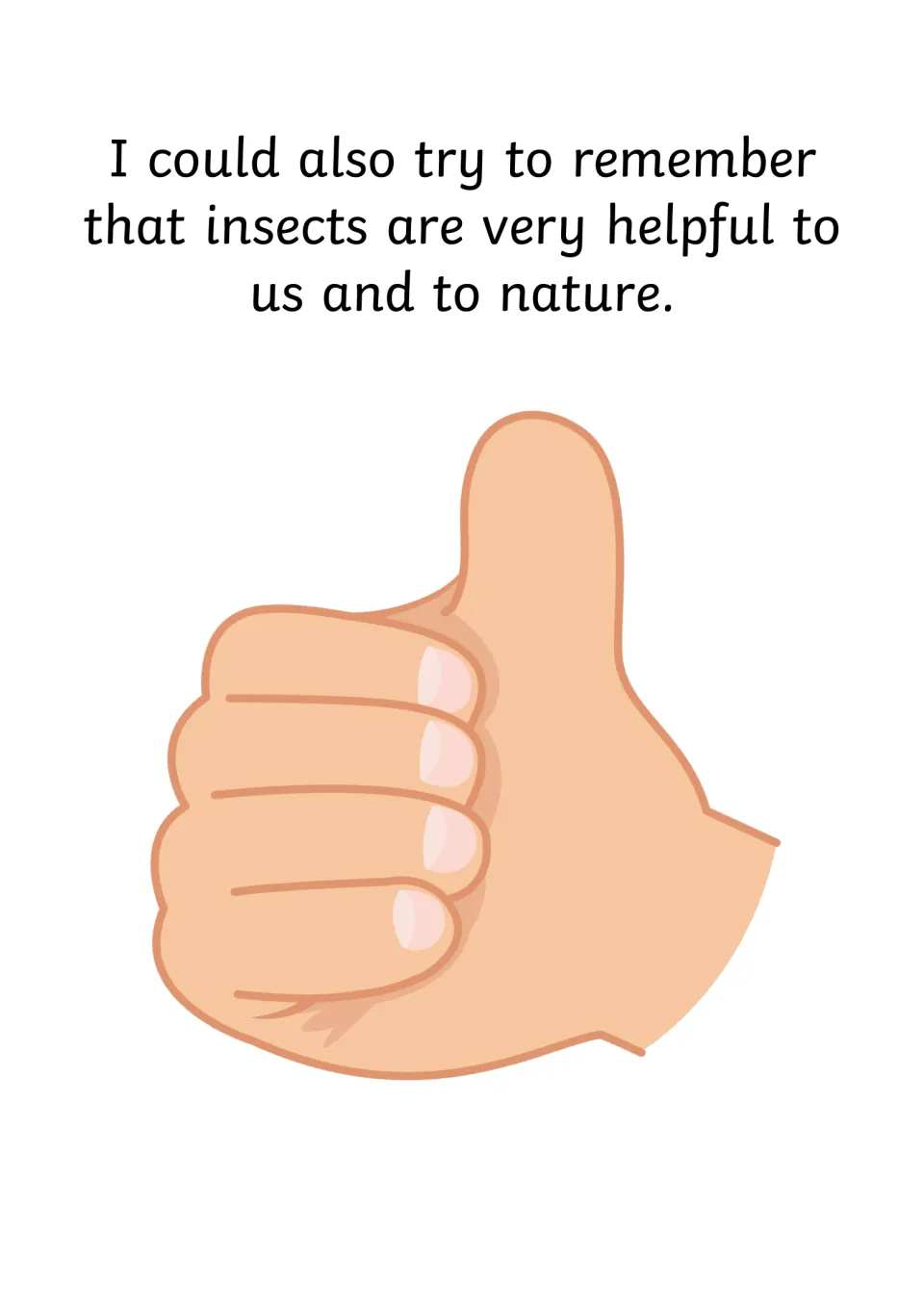 Coping strategy page: a thumbs-up with text reminding the reader that insects are very helpful to us and to nature