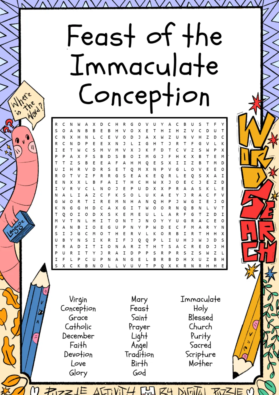 Word search for the Immaculate Conception feast: Virgin, Mary, Grace, Catholic, December and 21 more words