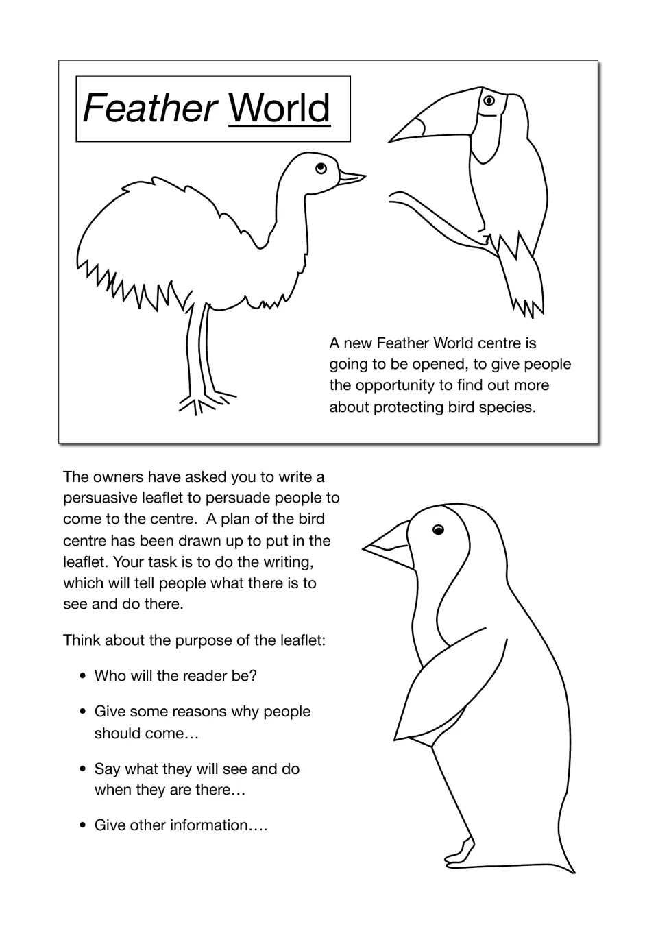 Feather World task brief: students write a leaflet persuading people to visit a new bird centre; toucan and penguin art