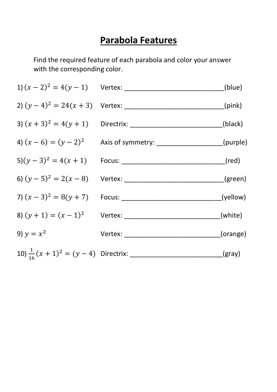 Parabola practice: 10 equations asking for vertices, directrices, an axis of symmetry, and focal points