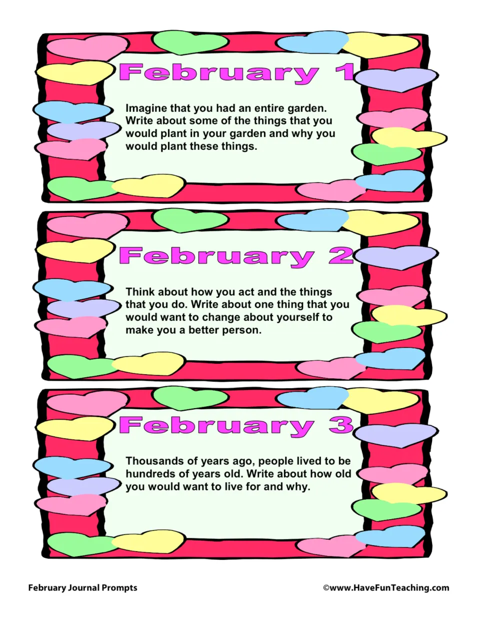 February journal prompt cards 1–3: plan a garden, describe a personal change, and choose how long to live.