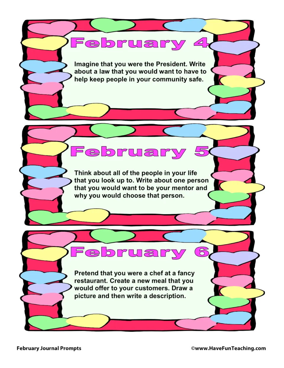 February journal prompt cards 4–6: propose a community safety law, choose a mentor, and create a meal.