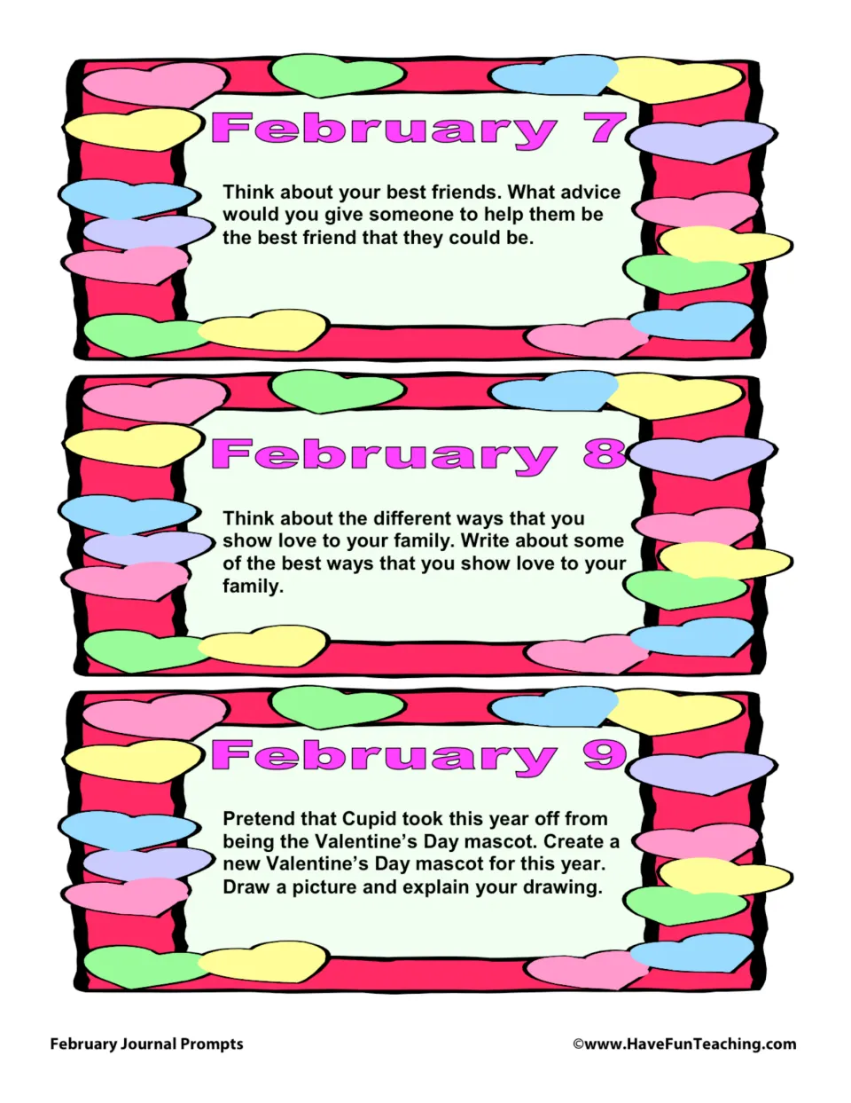 February journal prompt cards 7–9: give friendship advice, show family love, and invent a Valentine's Day mascot.