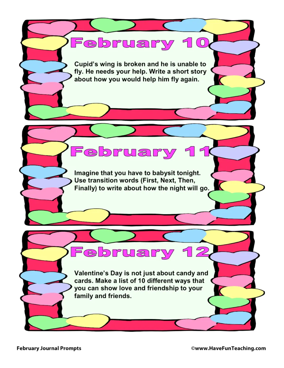 February journal prompt cards 10–12: help Cupid fly, sequence a babysitting night, and list ways to show love.