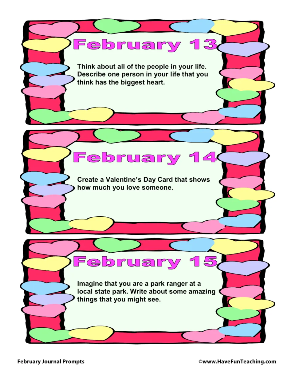 February journal prompt cards 13–15: describe a bighearted person, make a Valentine, and imagine park ranger sights.