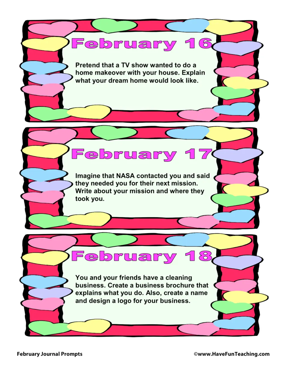 February journal prompt cards 16–18: describe a dream home, imagine a NASA mission, and make a cleaning brochure.