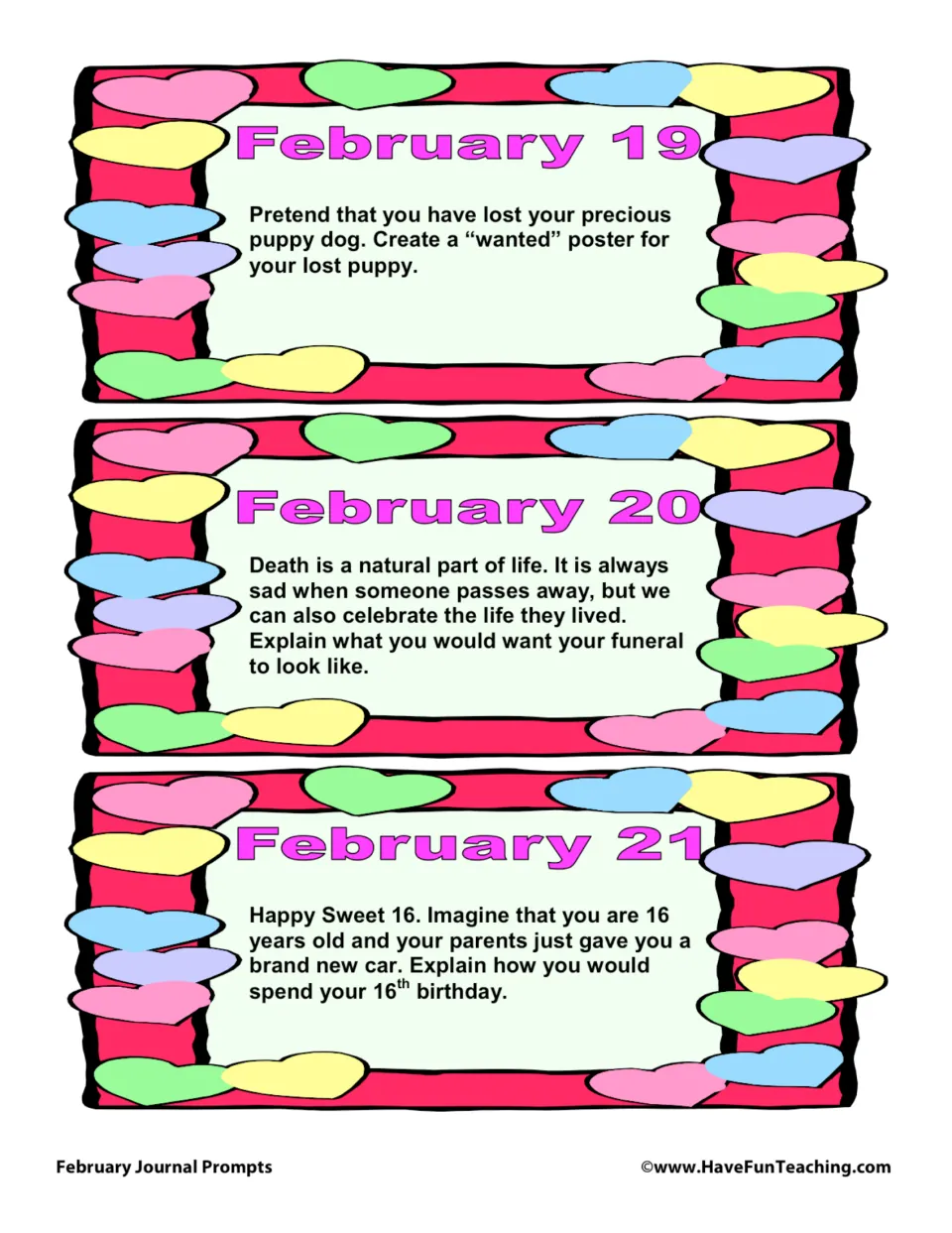 February journal prompt cards 19–21: make a lost puppy poster, describe your funeral, and imagine turning 16.
