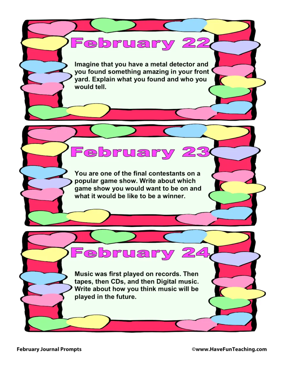 February journal prompt cards 22–24: imagine a metal detector find, a game show win, and future music playback.