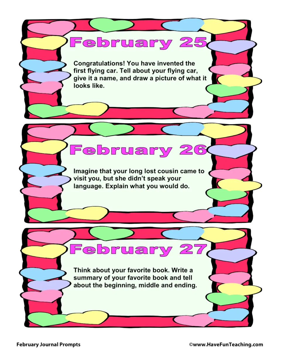 February journal prompt cards 25–27: invent a flying car, bridge a language difference, and summarize a favorite book.