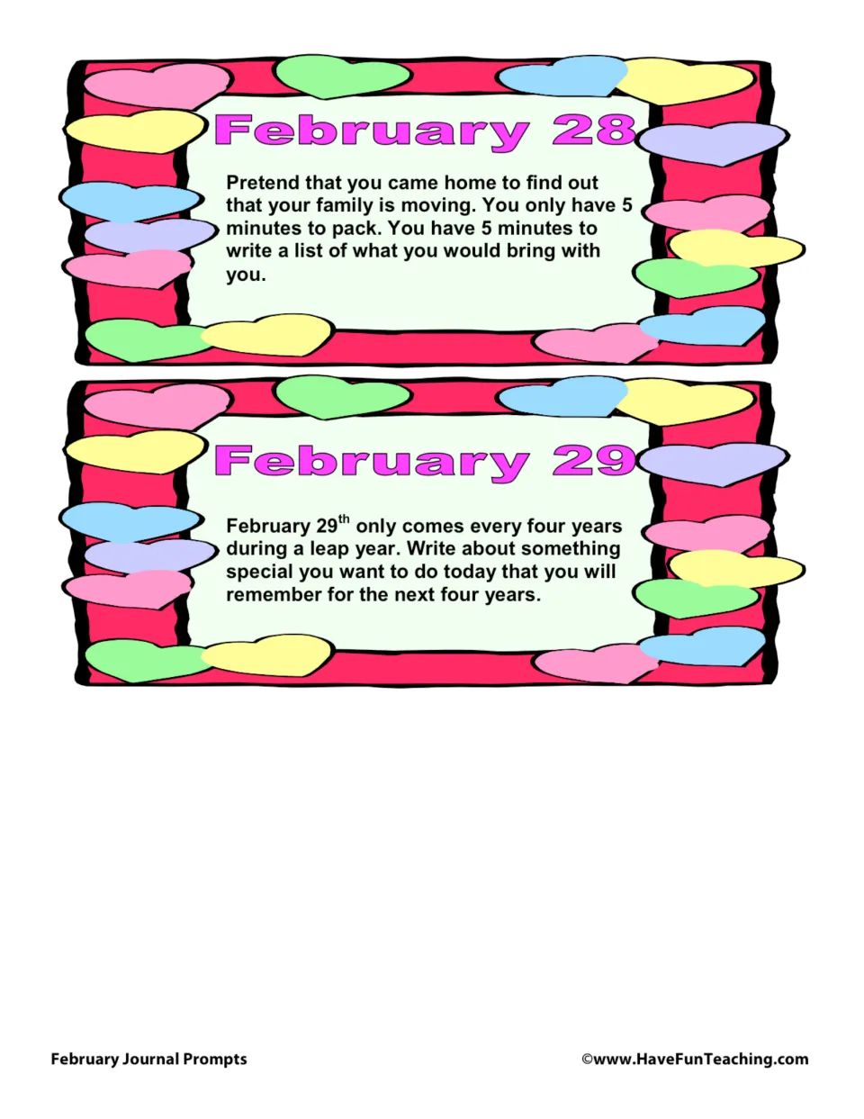 February journal prompt cards 28–29: list what to pack in five minutes and plan a memorable leap day.
