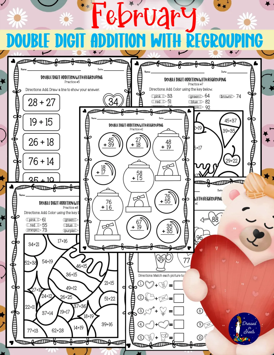 February Double Digit Addition with Regrouping cover showing Valentine-themed practice pages, color-by-sum and matching