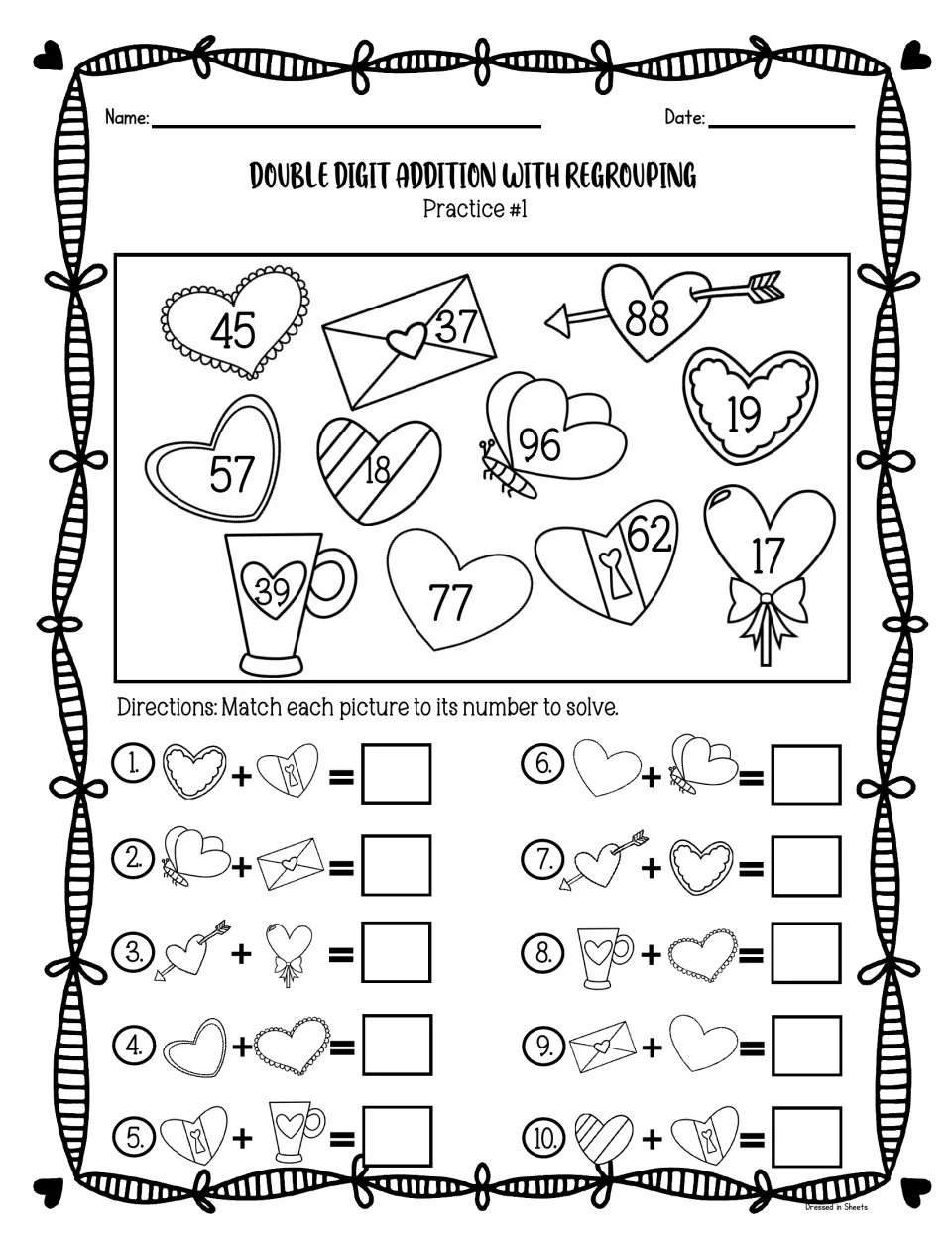 Practice #1, 2-digit addition with regrouping: students add pairs of Valentine pictures by their numbers for 10 sums