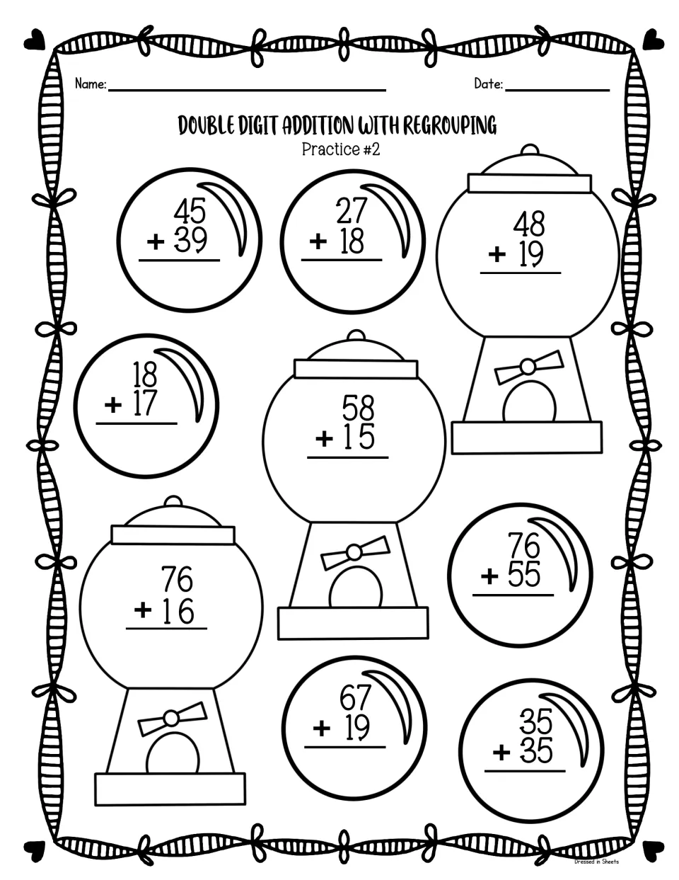 Practice #2: students solve 10 vertical 2-digit addition problems with regrouping, such as 45 + 39, on gumball pictures