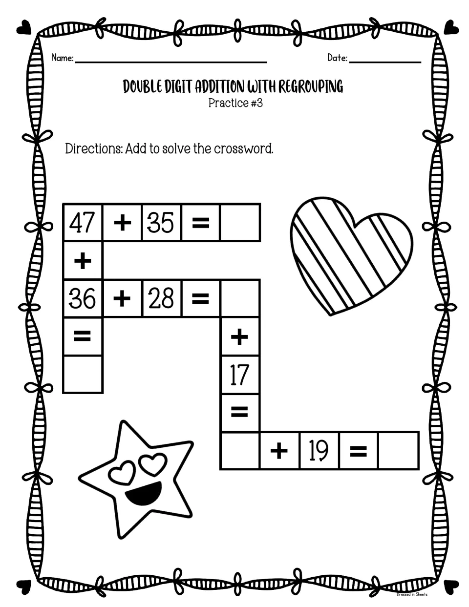Practice #3 addition crossword: students add 2-digit numbers like 47 + 35 and carry each sum into the next equation