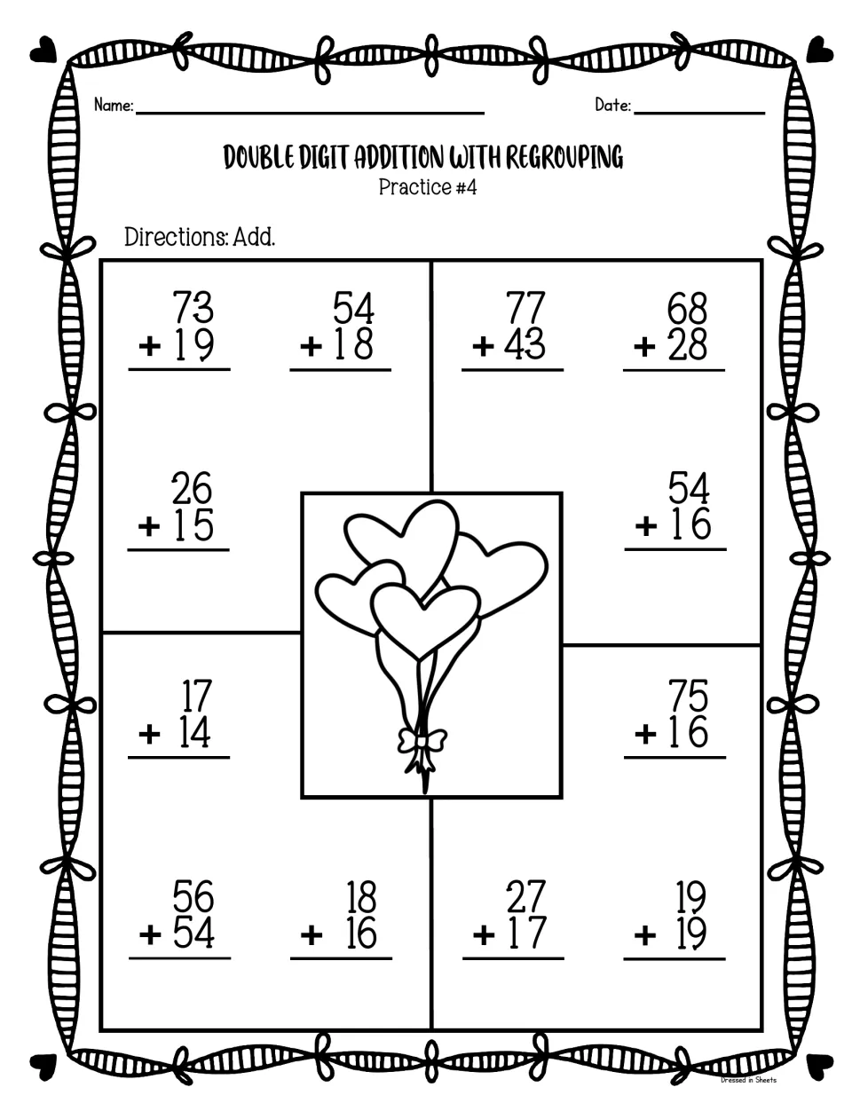 Practice #4: students add 12 vertical 2-digit problems needing regrouping, such as 73 + 19 and 56 + 54, by heart balloons