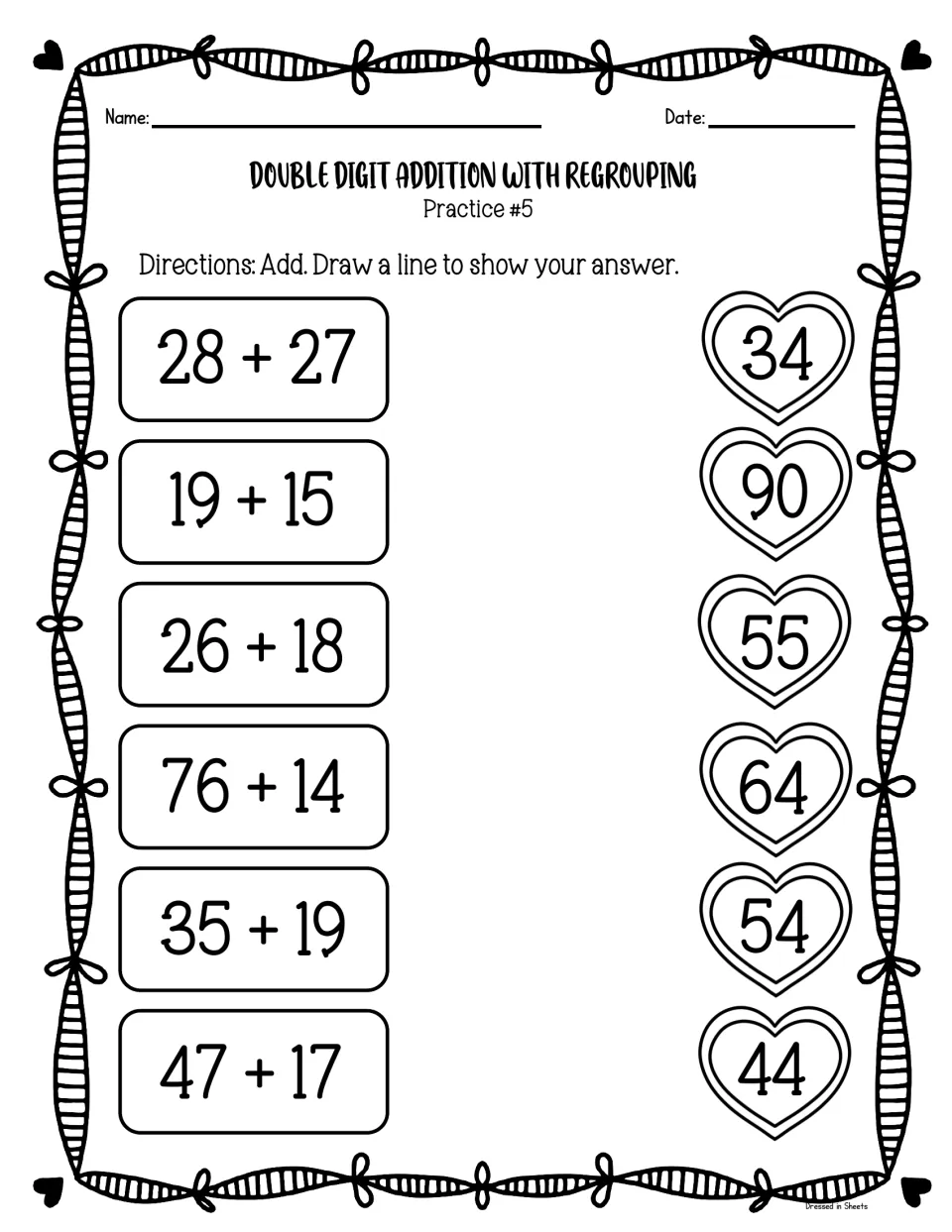 Practice #5 matching: students add six problems like 28 + 27 and draw a line to the heart showing each sum
