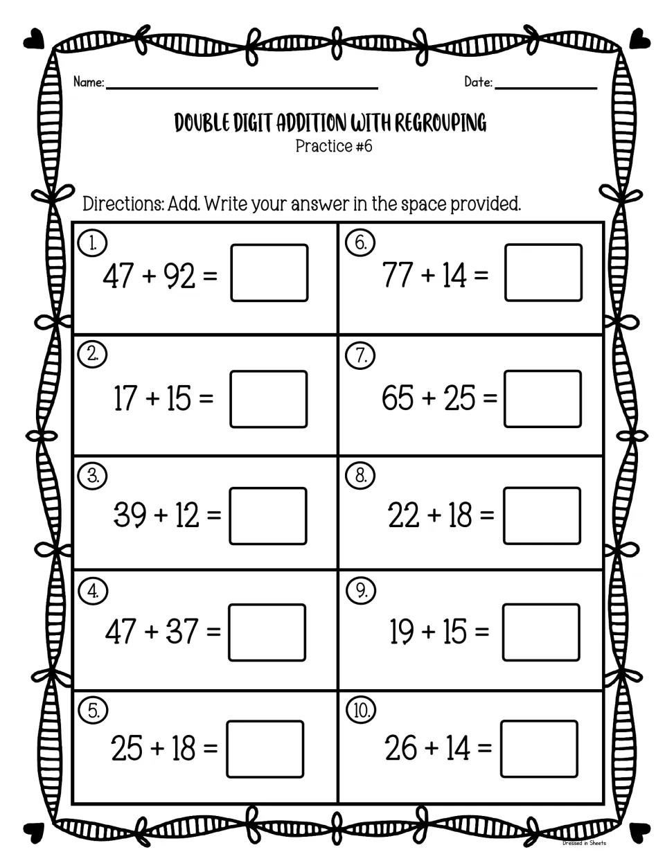 Practice #6: students solve 10 horizontal addition with regrouping equations, such as 39 + 12, and write each sum