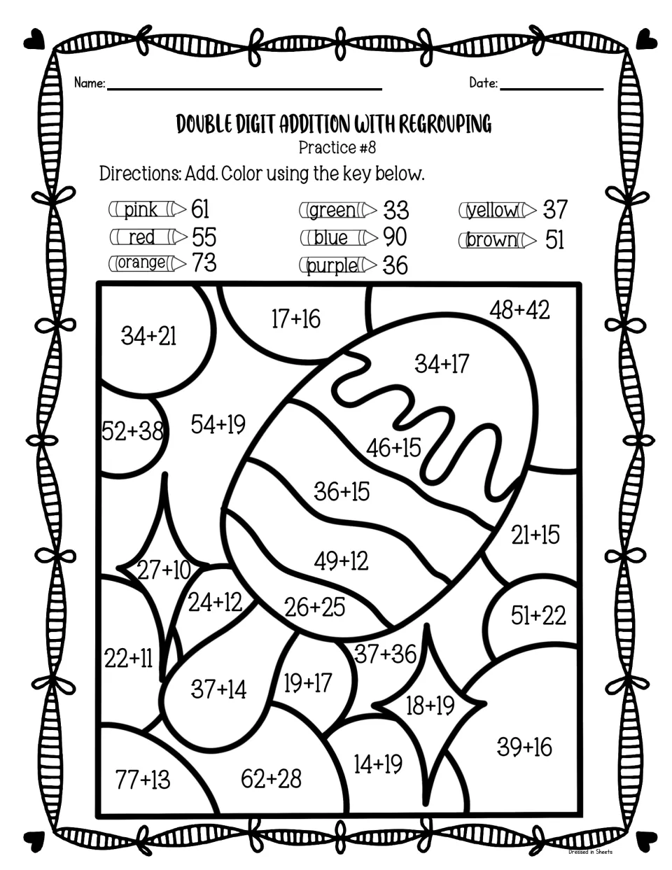 Practice #8 color by sum: students solve addition problems like 34 + 21 and color a candy picture by an eight-color key