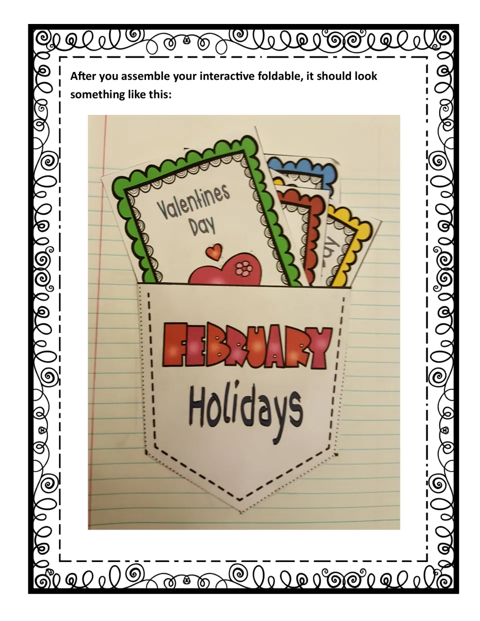 Assembled example: the 'February Holidays' pocket glued in a notebook, holding holiday cards such as Valentines Day