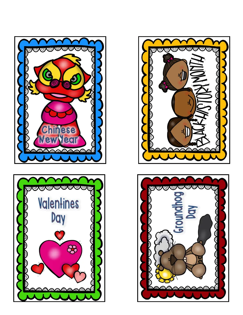 Holiday cards 1–4: Chinese New Year lion dancer, Black History Month children, Valentines Day hearts, Groundhog Day
