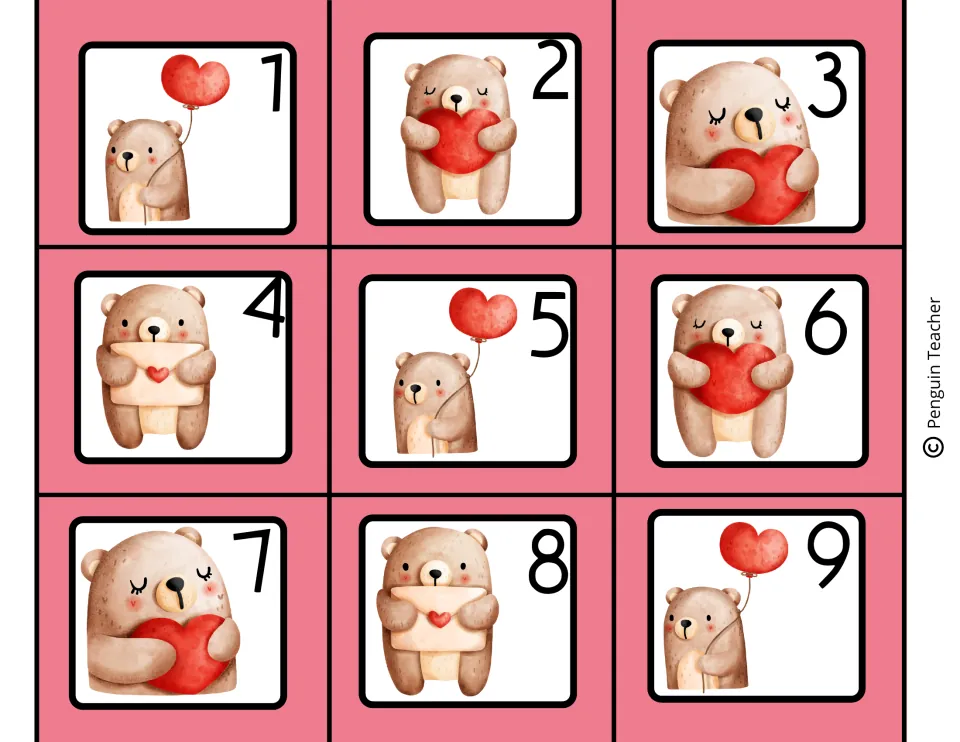 Calendar date cards 1 to 9, each showing a watercolor bear holding a red heart, a heart balloon or a love letter