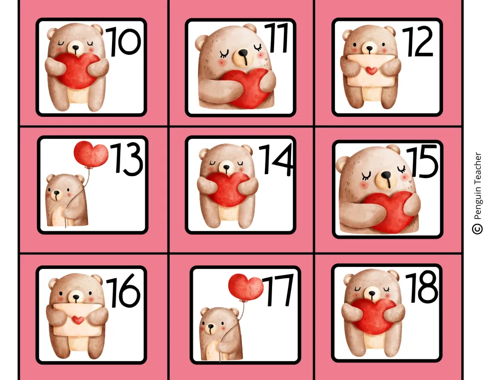 Calendar date cards 10 to 18 with bears hugging hearts, carrying heart balloons or holding envelopes beside each number