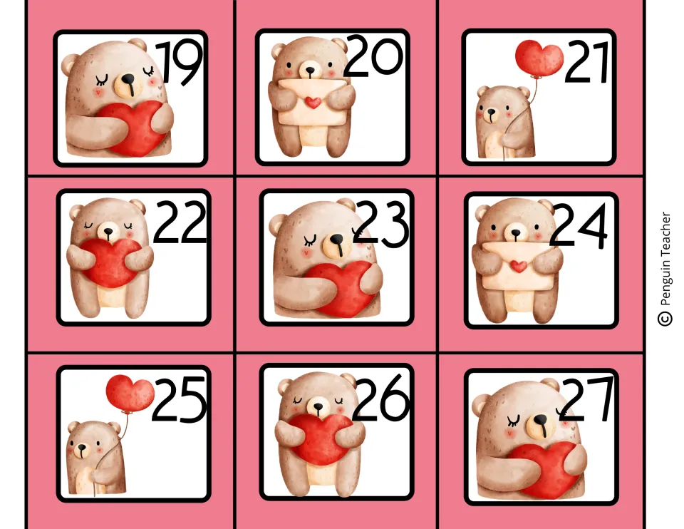 Calendar date cards 19 to 27, each pairing a large number with a bear holding a heart, an envelope or a heart balloon