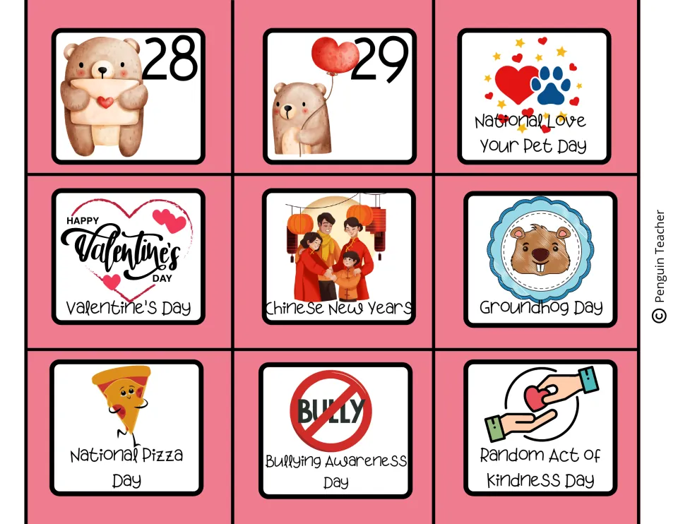 Date cards 28 and 29 plus holiday cards for Valentine's Day, Chinese New Year, Groundhog Day, Pizza Day and more