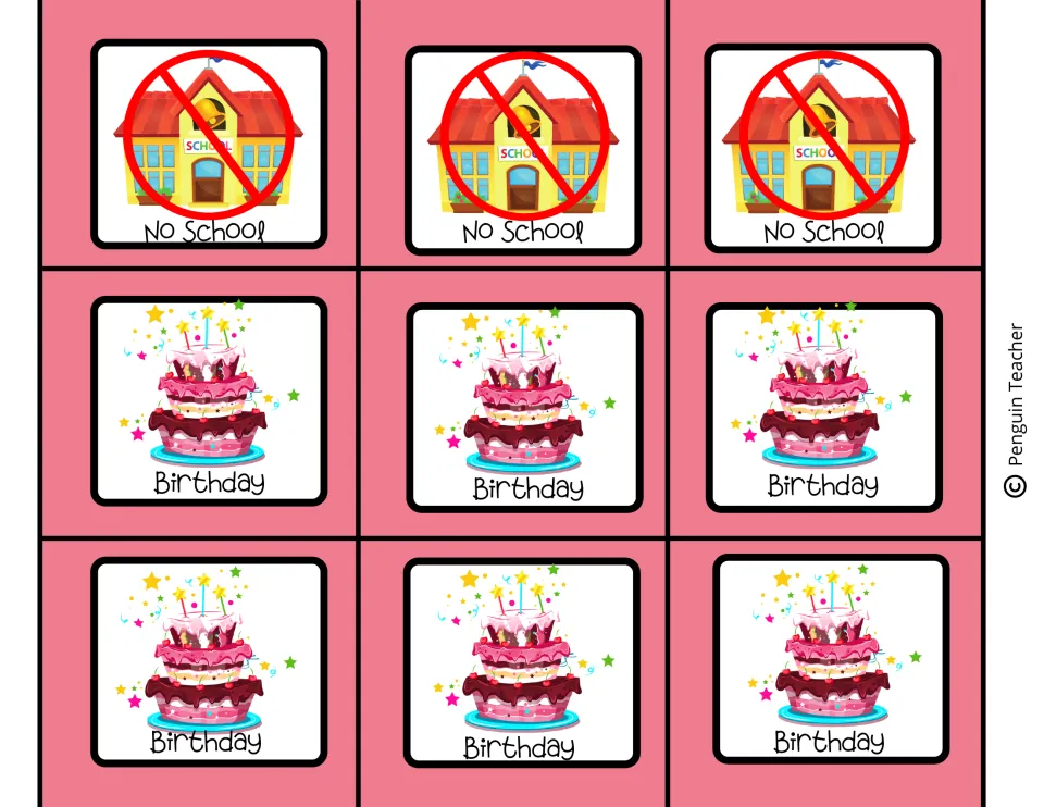Special-day labels: three say No School over a crossed-out schoolhouse and six read Birthday under a layered pink cake