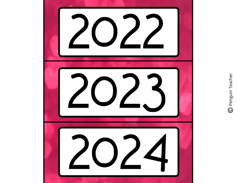 Year cards reading 2022, 2023 and 2024 in bold black numerals on a pink heart-patterned background